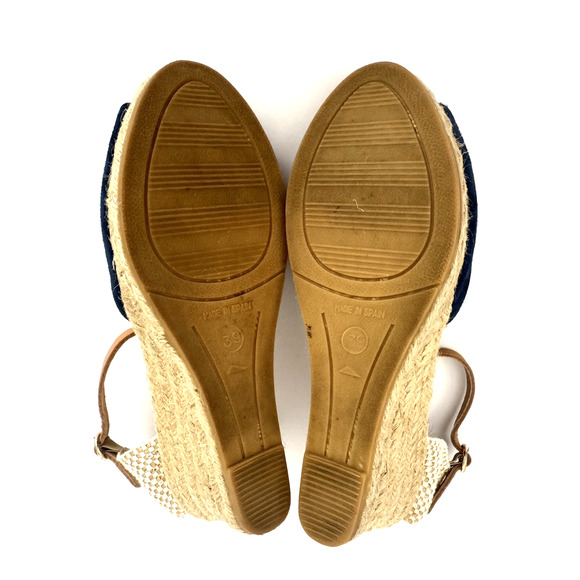 Kanna Espadrille Sandals 8 Blue Suede Peep-Toe Ankle Strap Jute Wedge Spain - Picture 15 of 15